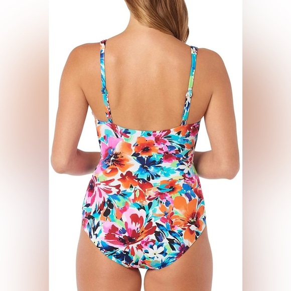 Swim Solutions Floral Twist Front One Piece Mio Swimsuit Size 14 Bright Tropical - Picture 2 of 11